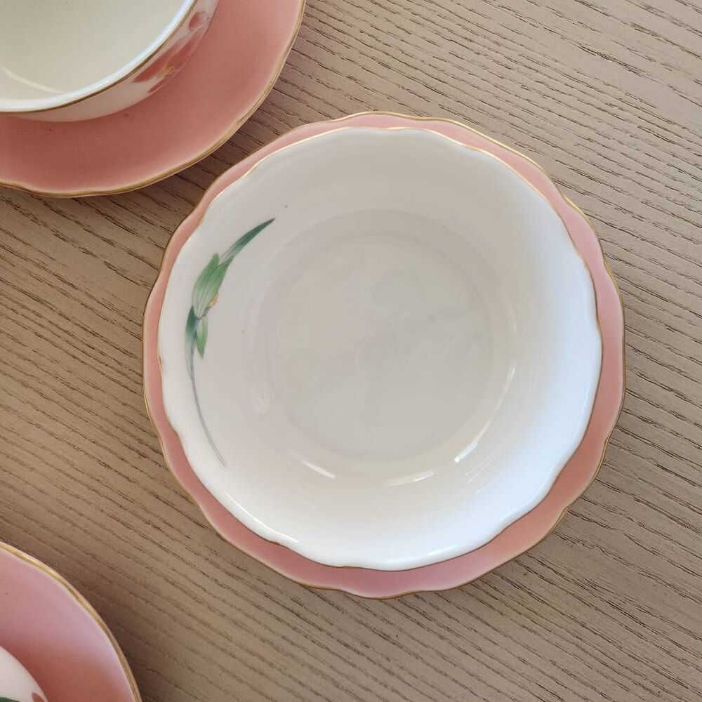 Vintage Japanese Arita ware dessert custard cups pastel cream pink floral set of - Picture 2 of 8